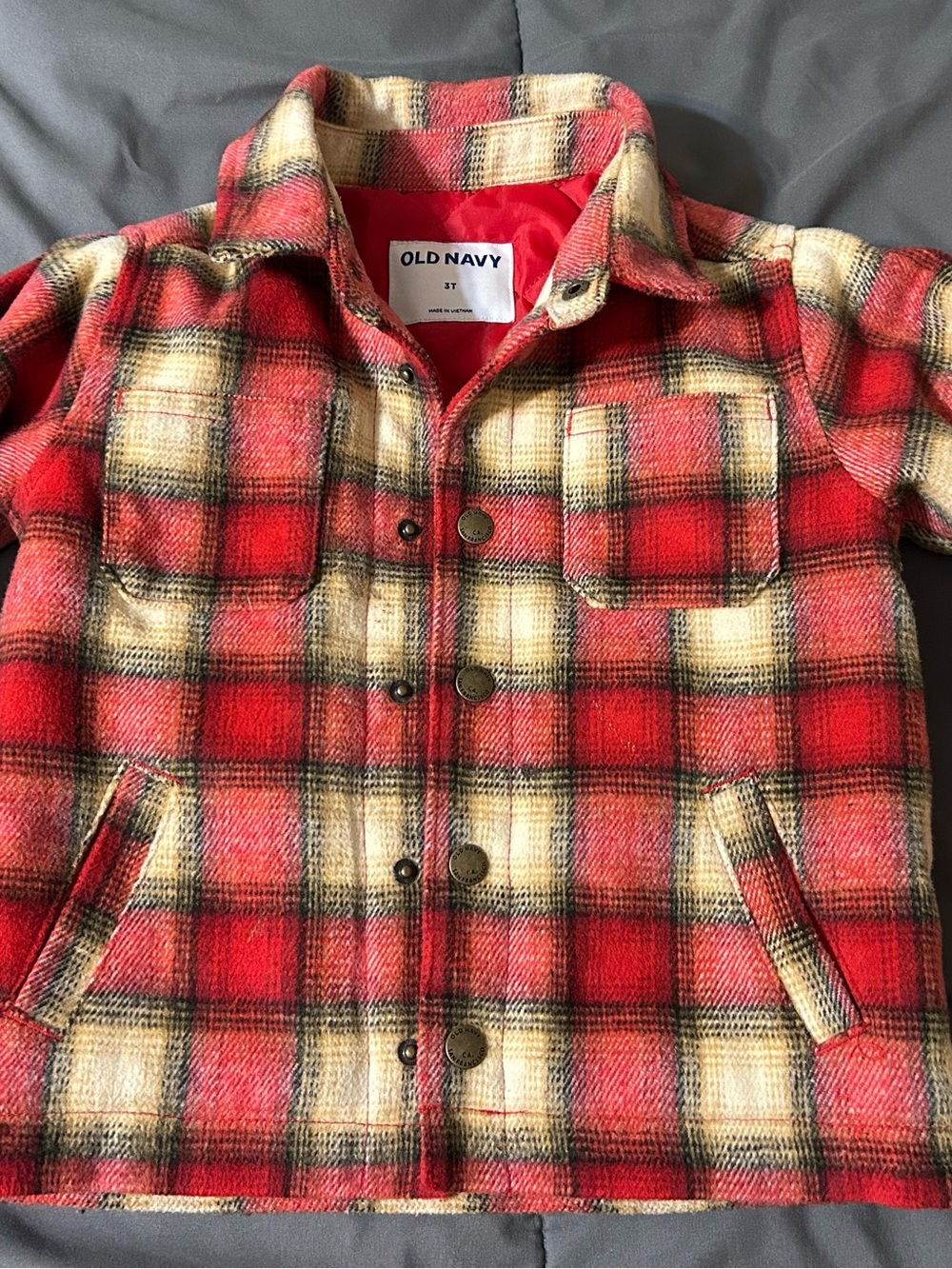 Old Navy Red and Cream Plaid Kids Button-Down Shirt Jacket